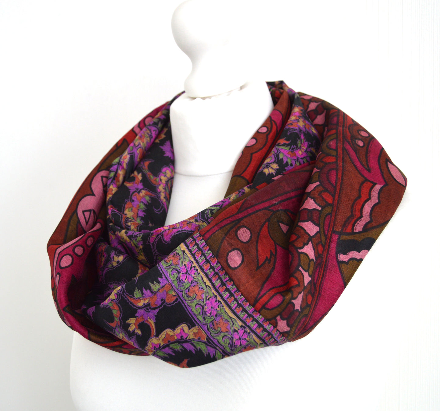 Black Magenta Upcycled Vintage Sari Silk Infinity Loop Scarf - Eco Friendly Zero Waste Womens Scarf - Perfect Mothers Day Gift For Her