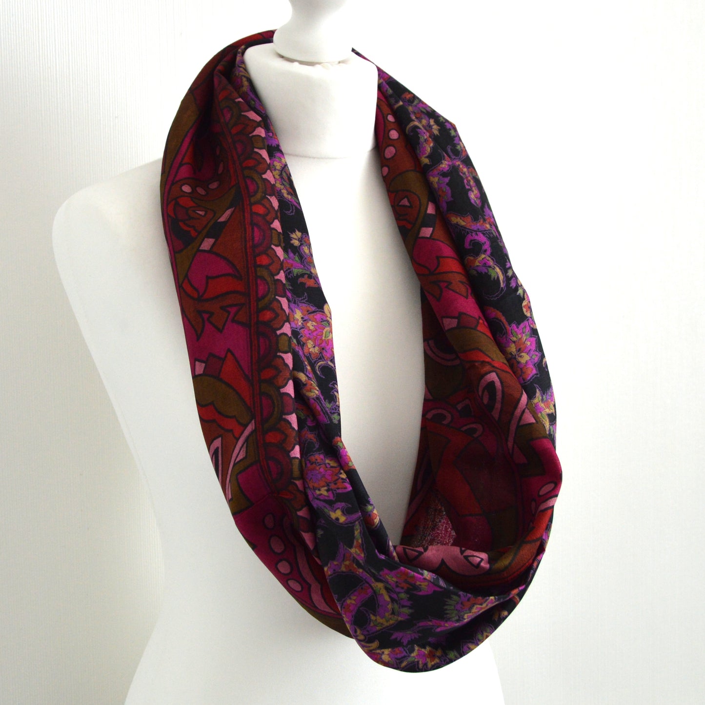 Black Magenta Upcycled Vintage Sari Silk Infinity Loop Scarf - Eco Friendly Zero Waste Womens Scarf - Perfect Mothers Day Gift For Her