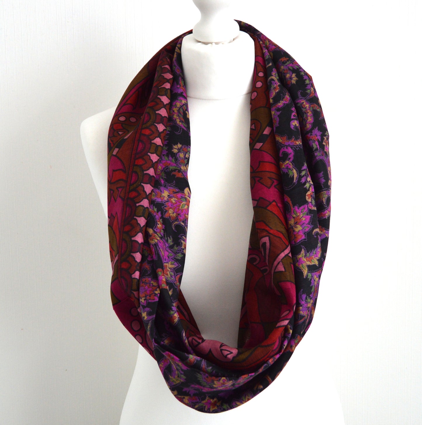 Black Magenta Upcycled Vintage Sari Silk Infinity Loop Scarf - Eco Friendly Zero Waste Womens Scarf - Perfect Mothers Day Gift For Her