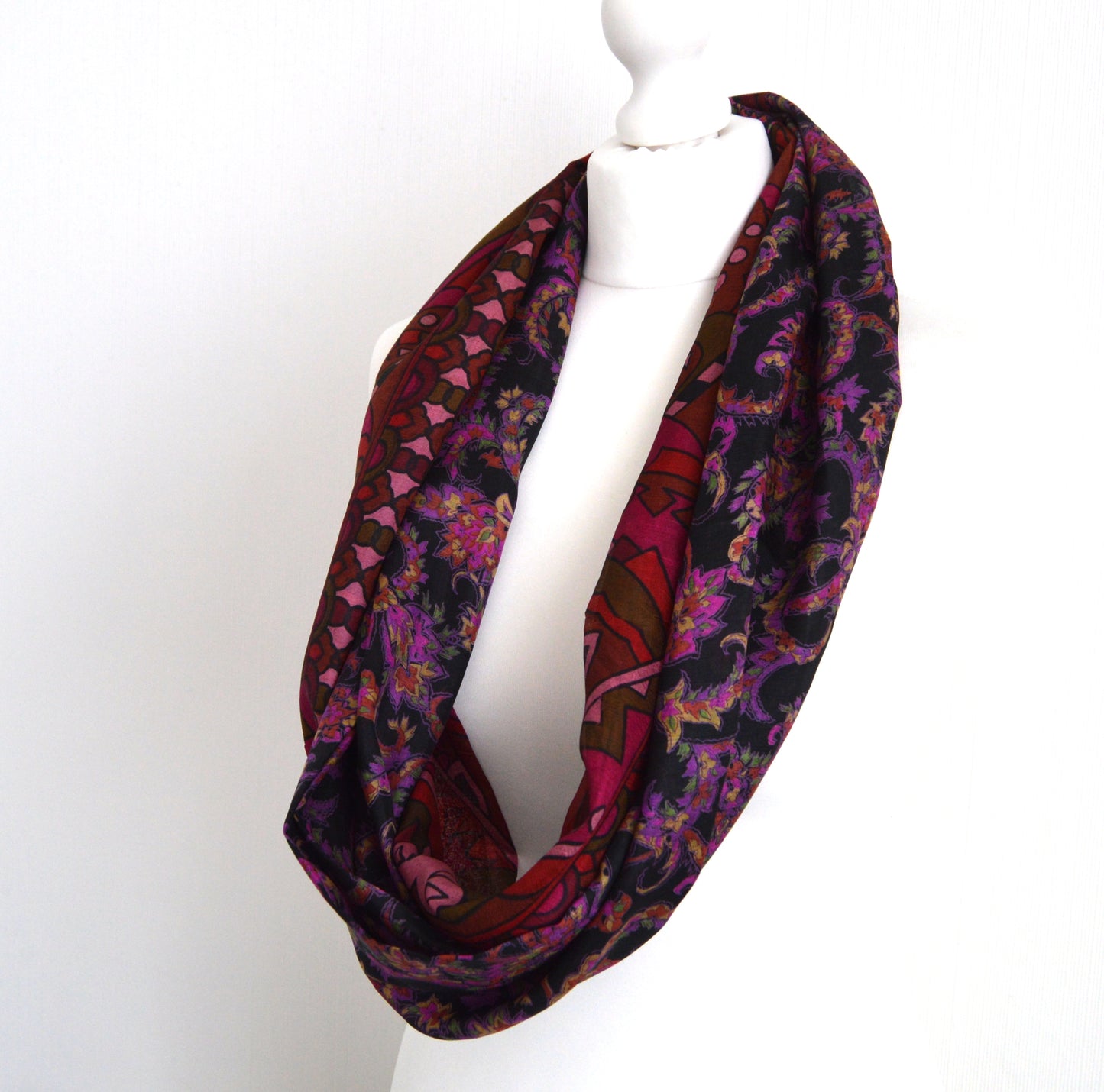 Black Magenta Upcycled Vintage Sari Silk Infinity Loop Scarf - Eco Friendly Zero Waste Womens Scarf - Perfect Mothers Day Gift For Her