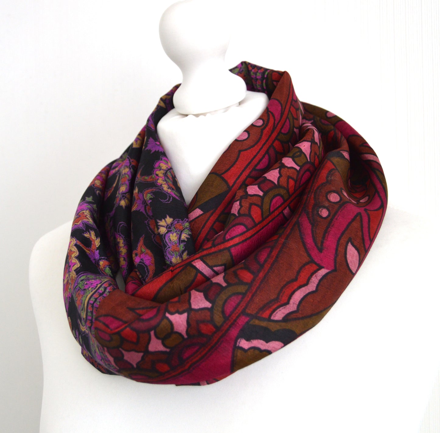 Black Magenta Upcycled Vintage Sari Silk Infinity Loop Scarf - Eco Friendly Zero Waste Womens Scarf - Perfect Mothers Day Gift For Her