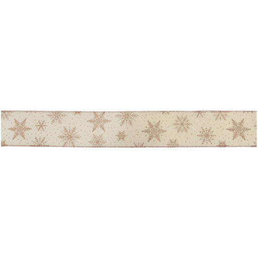 63mm Christmas Cream Rose Gold Snowflake Wired Edge Ribbon