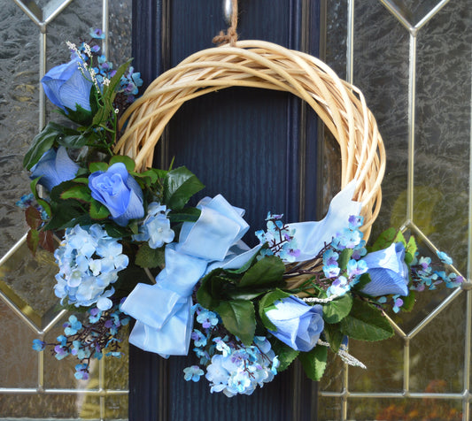 Blue Artificial Flower Natural Willow Spring Door Wall Wreath 25cm