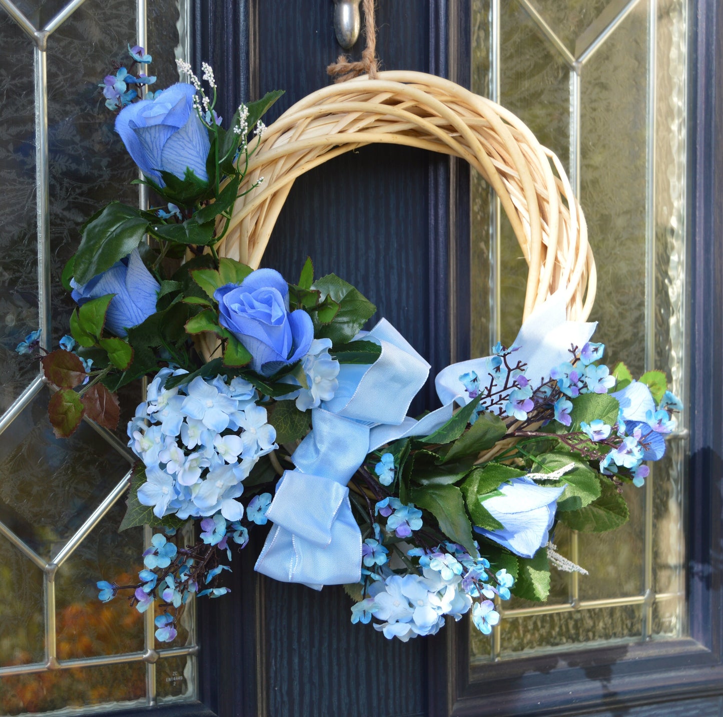 Blue Artificial Flower Natural Willow Spring Door Wall Wreath 25cm