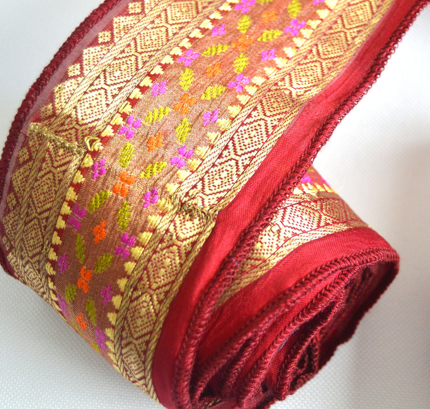 Red & Gold Pure Silk Vintage Recycled Upcycled Sari Silk Ribbon