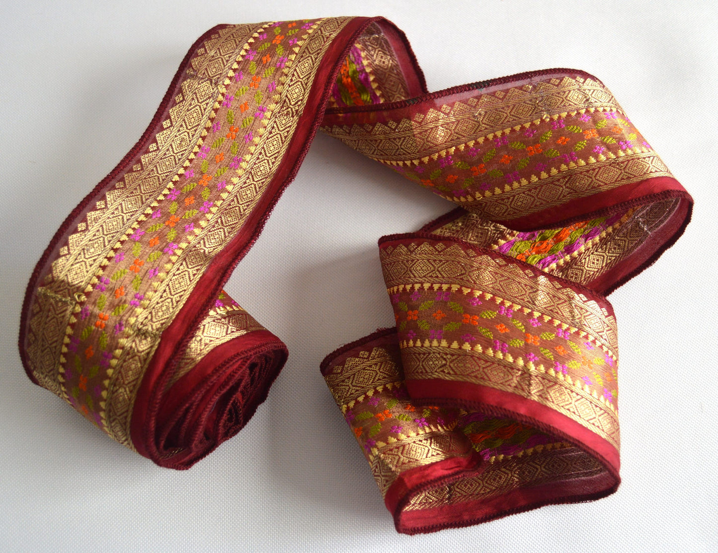 Red & Gold Pure Silk Vintage Recycled Upcycled Sari Silk Ribbon
