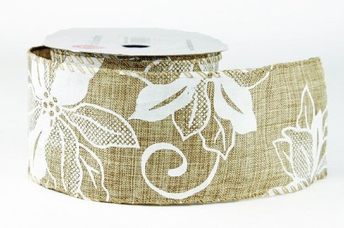 60mm Christmas Linen Look Poinsettia Wired Edge Ribbon - 10 Yards/9.1 metres