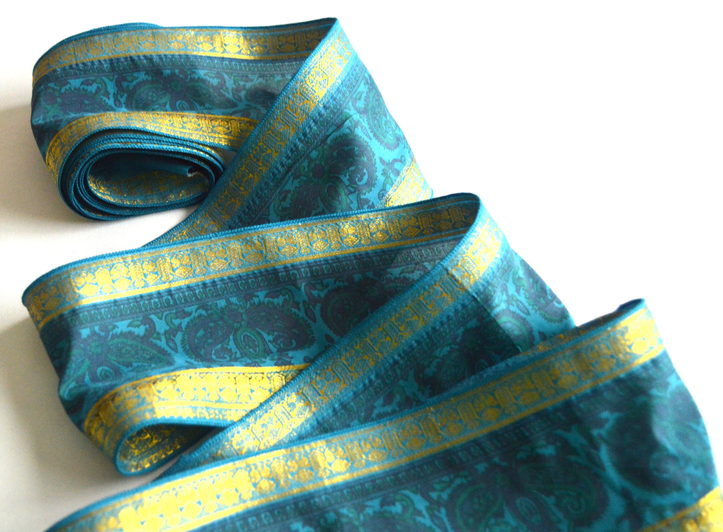 Teal & Gold Pure Silk Vintage Recycled Upcycled Sari Silk Ribbon