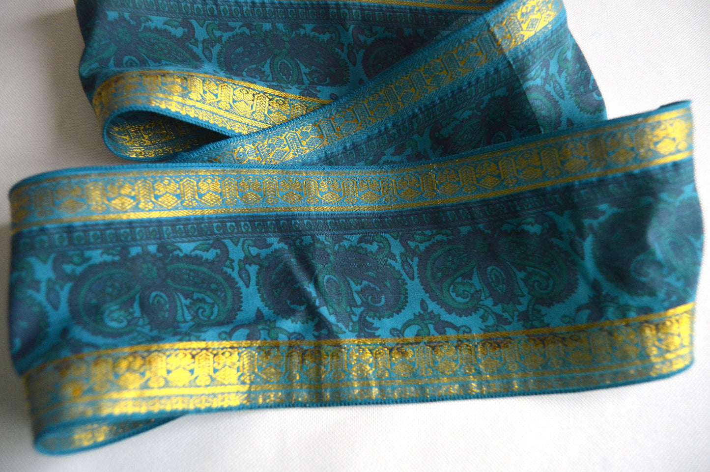 Teal & Gold Pure Silk Vintage Recycled Upcycled Sari Silk Ribbon