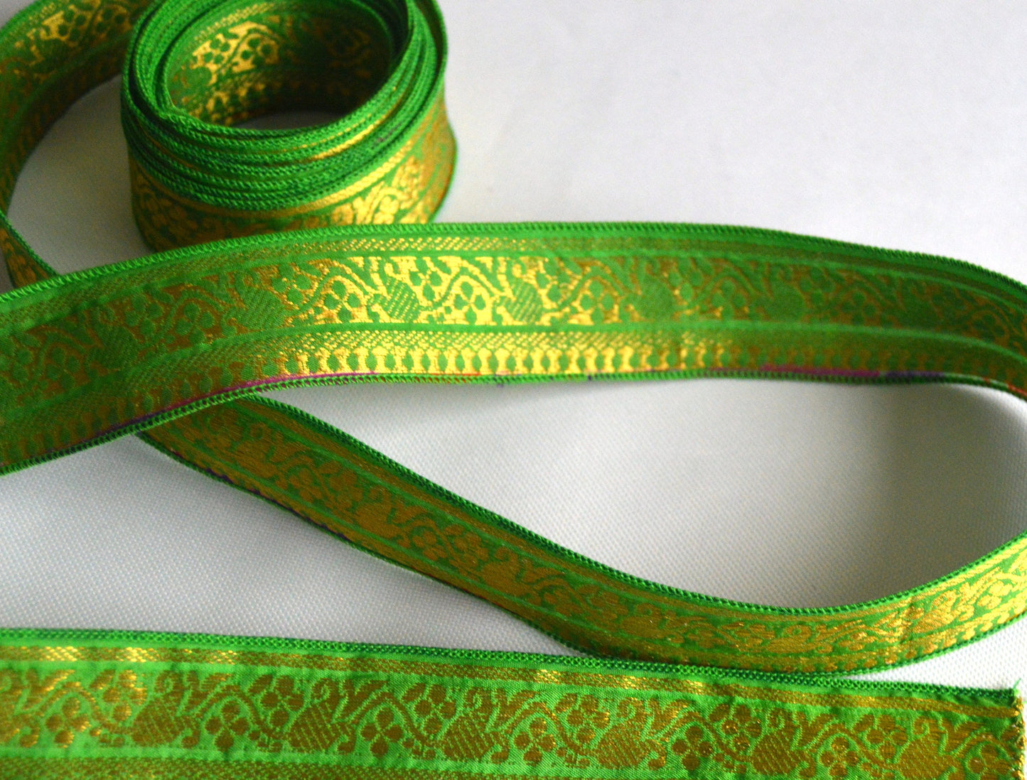 Lime & Gold Pure Silk Vintage Recycled Upcycled Sari Silk Ribbon