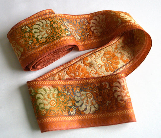 Orange Brocade Floral Pure Silk Vintage Border Trim